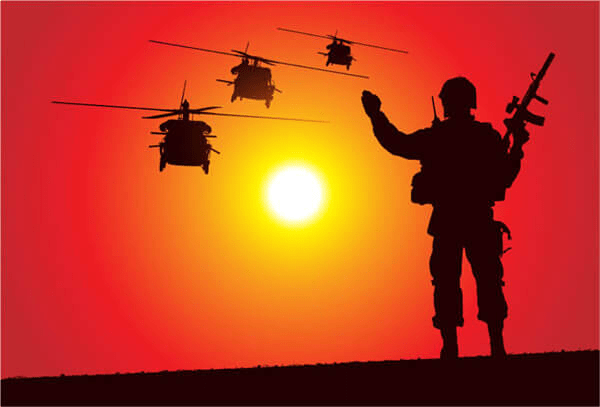 Soldier with gun waving to 3 helicopters while the sun sets