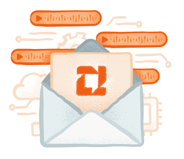 Illustration of an AI Digests newsletter surrounded by audio messages