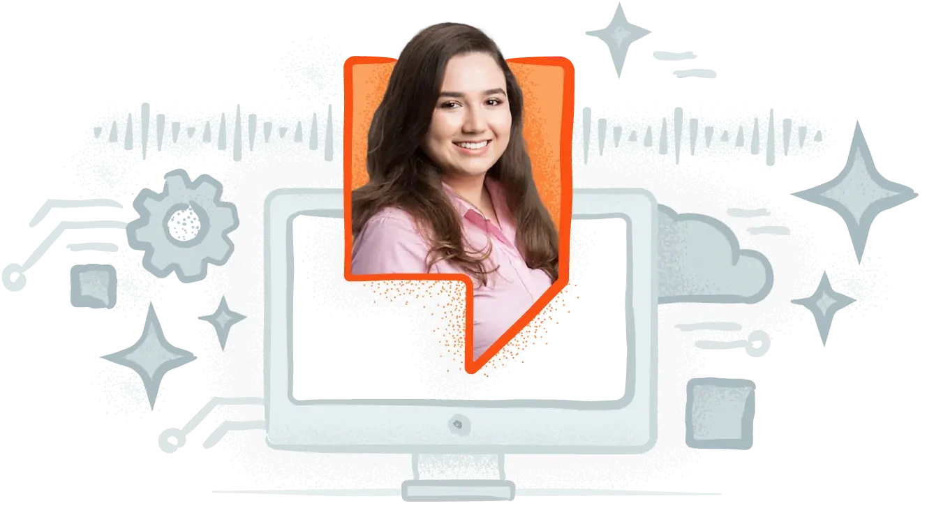 Illustration of illustrated devices, AI-related symbols, and face of Zello’s VP of Product, Nayeli Cortina