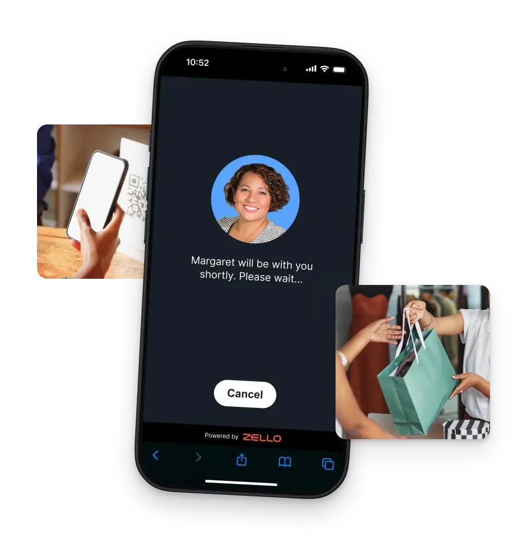 Illustration of the QR Assist UI on a mobile device surrounded by two photos of people using the feature