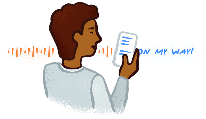Illustration of a person talking into a mobile device with transcription text behind them