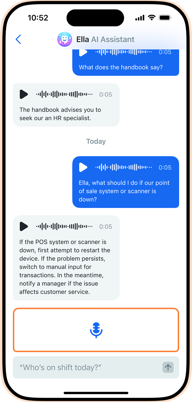 Zello product UI showing Ella AI screen
