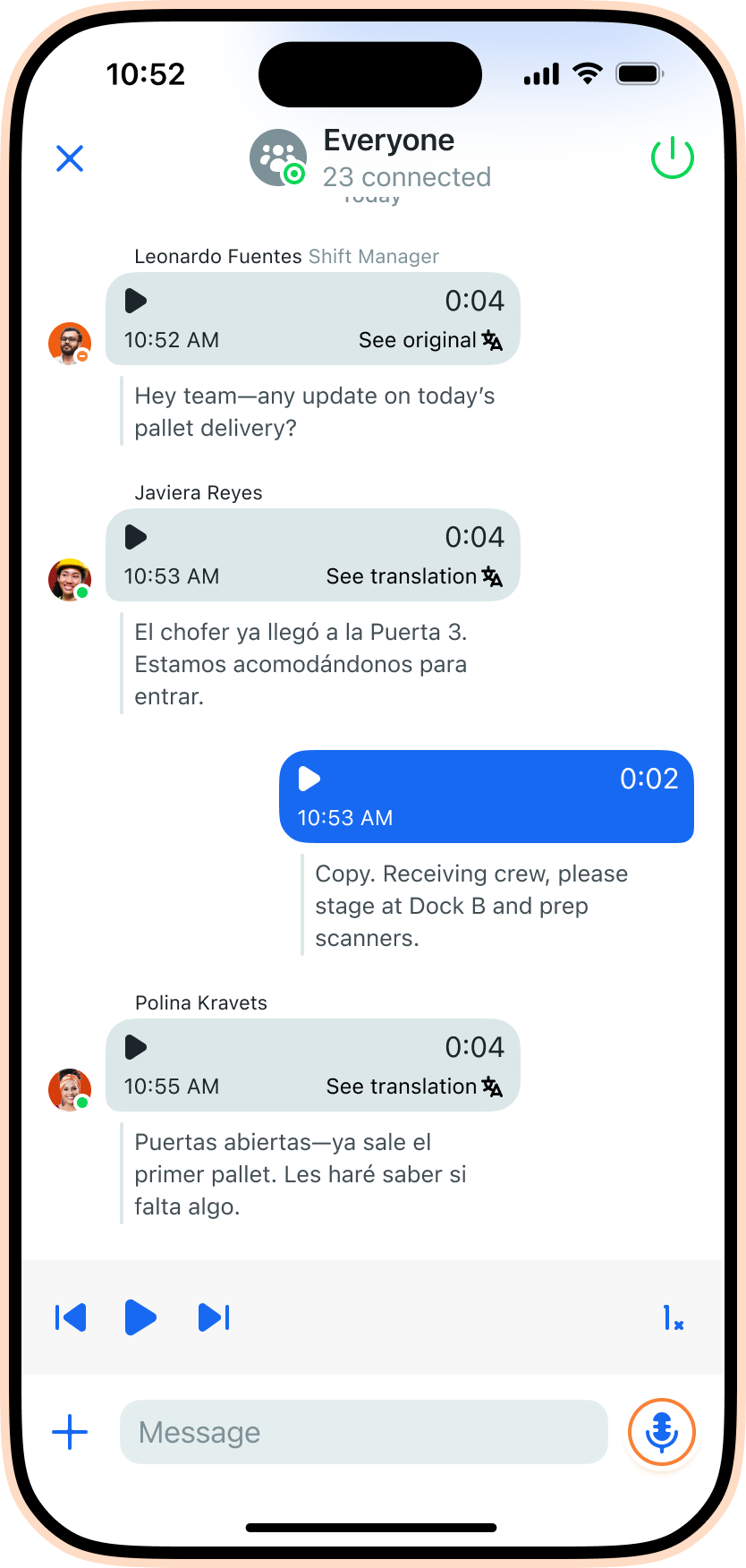 Zello product UI showing Translations in History screen
