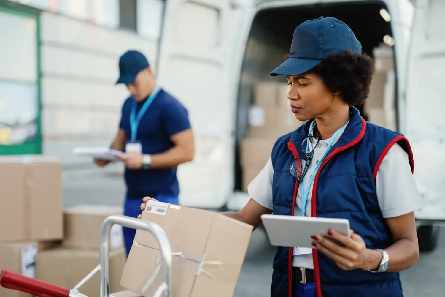 Photo of a delivery driver holding a box and a tablet device