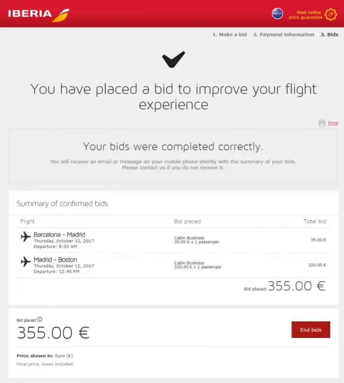 Bid Submitted to Upgrade Flight Seat