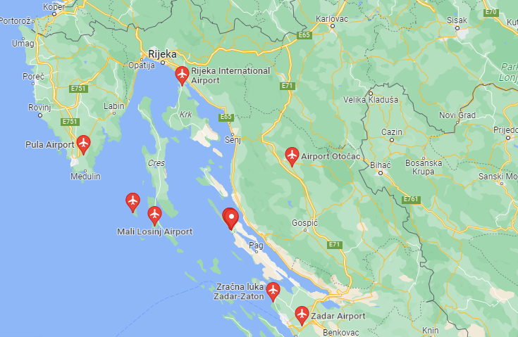 Map of Closest Airports Zrce Beach
