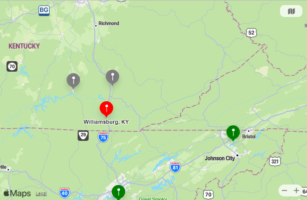 Map of Nearest Airports Williamsburg, Kentucky