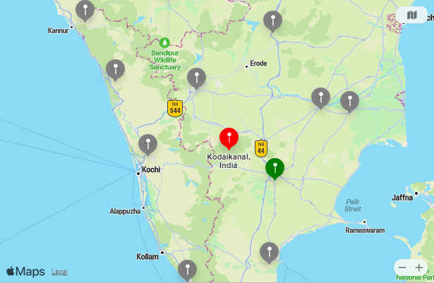 Map of Closest Airports Kodaikanal