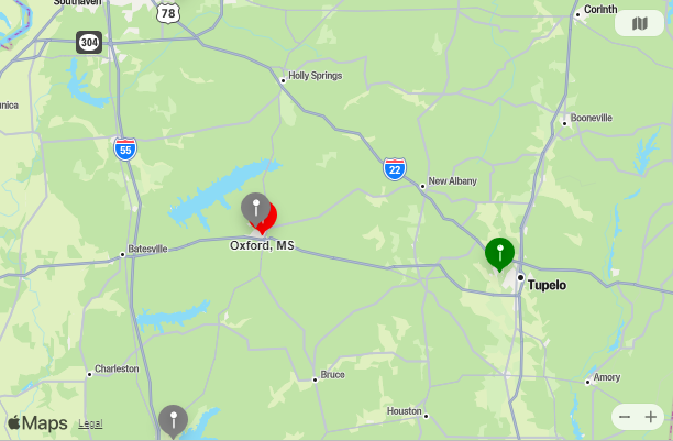 Map of Closest Airports Oxford, MS