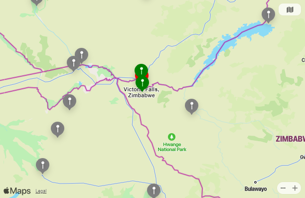 Map of Closest Airports Victoria Falls, Africa