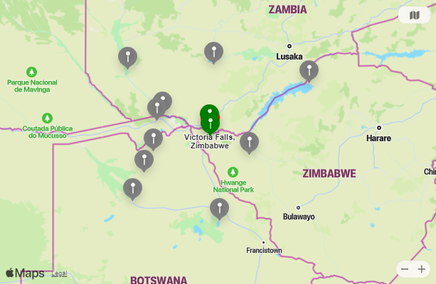 Map of Closest Airports Victoria Falls, Zimbabwe