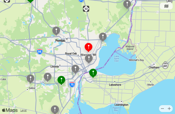 Map of Closest Airports Warren, Michigan