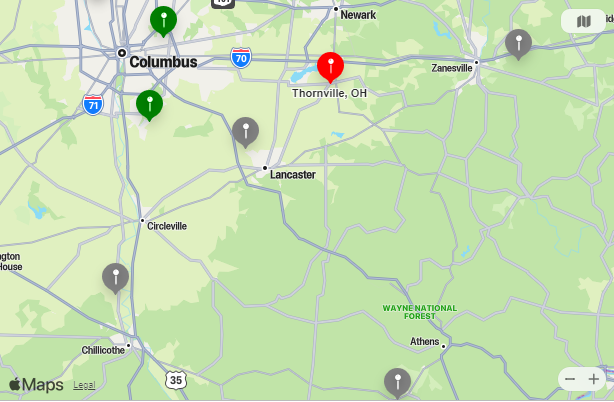 Map of Closest Airports Thornville, Ohio