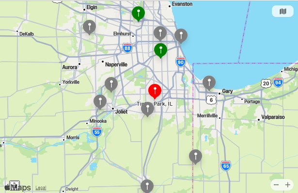 Map of Closest Airports Tinley Park, Illinois