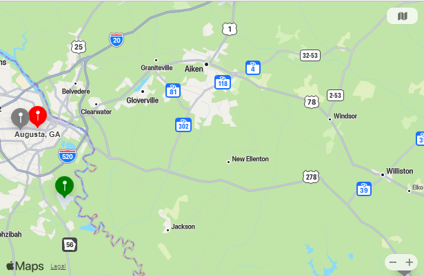Map of Closest Airports Augusta, Georgia
