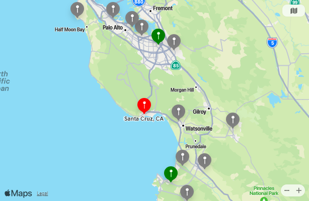 Map of Closest Airports Santa Cruz, California