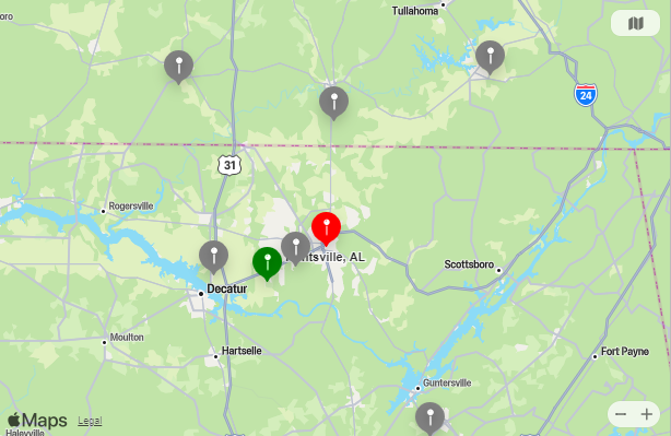 Map of Closest Airports Huntsville, Alabama