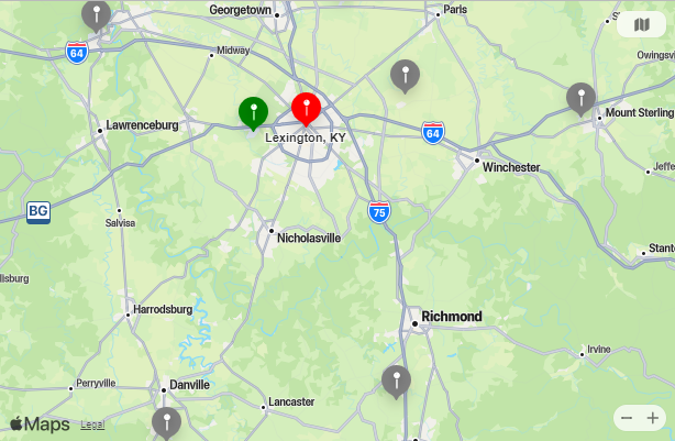 Map of Closest Airports Lexington, Kentucky