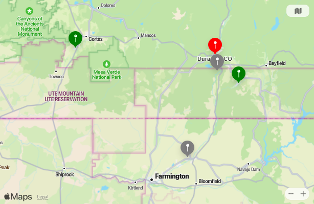 Map of Closest Airports Durango, Colorado