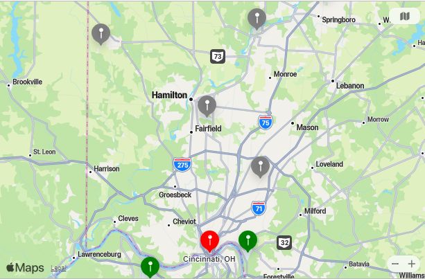 Map of Closest Airports Cincinnati, Ohio