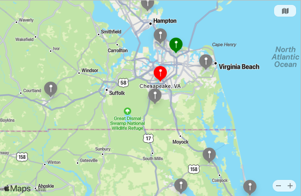 Map of Closest Airports Chesapeake Bay