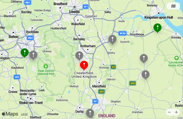 Map of Closest Airports Chesterfield, England