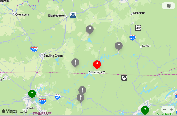 Map of Closest Airports Albany, Kentucky