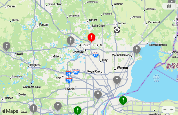 Map of Closest Airports Auburn Hills, Michigan