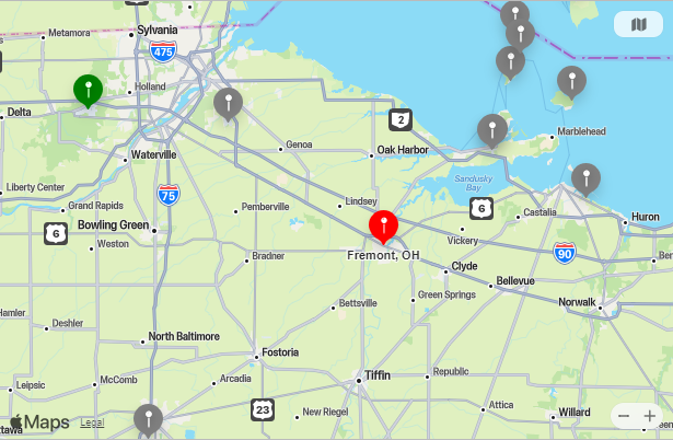 Map of Closest Airports Fremont, Ohio