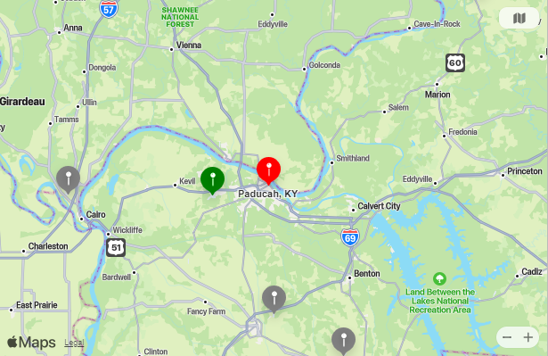 Map of Closest Airports Paducah, Kentucky