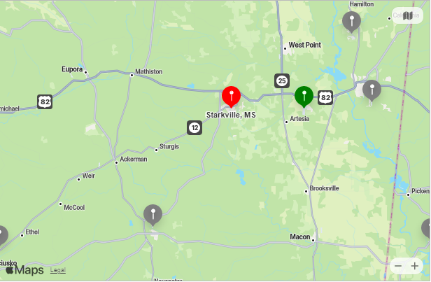 Map of Closest Airports Starkville, Mississippi