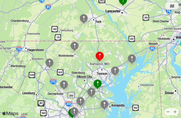 Map of Closest Airports Ashland, Maryland