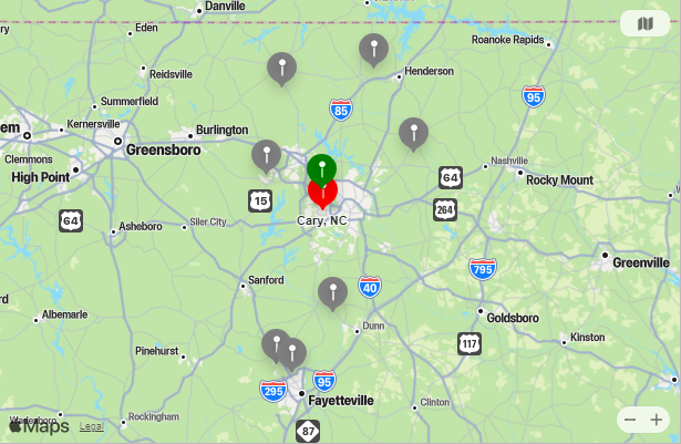 Map of Closest Airports Cary, North Carolina