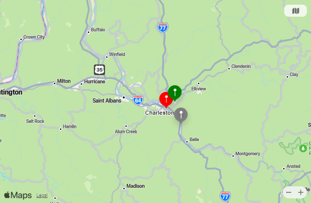 Map of Closest Airports Charleston, West Virginia