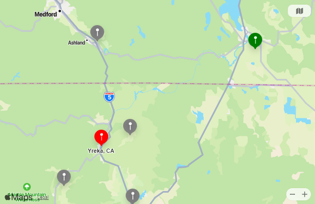 Map of Closest Airports Yreka, California