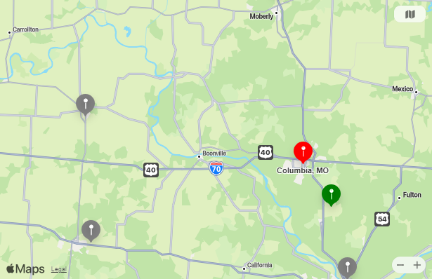 Map of Closest Airports Columbia, Missouri