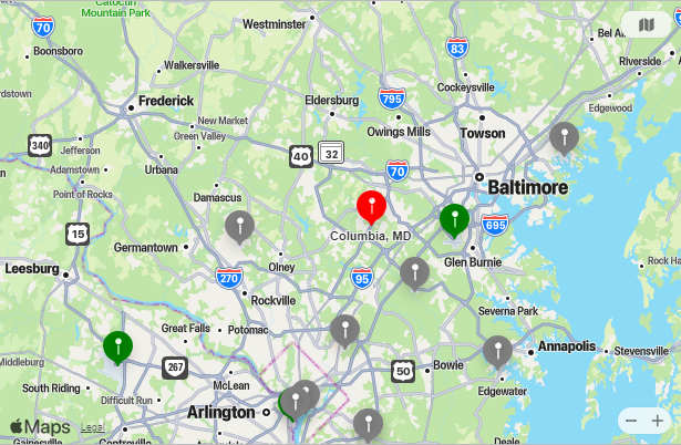 Map of Closest Airports Columbia, Maryland