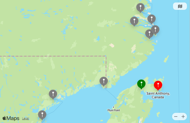 Map of Closest Airports Fogo Island, Canada