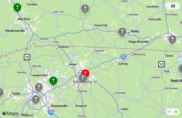 Map of Closest Airports Spartanburg, South Carolina