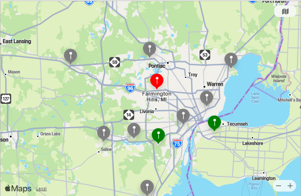 Map of Closest Airports Farmington Hills, Michigan