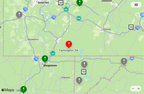 Map of Closest Airports Farmington, Pennsylvania