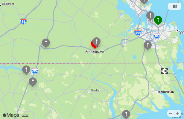 Map of Closest Airports Franklin, Virginia