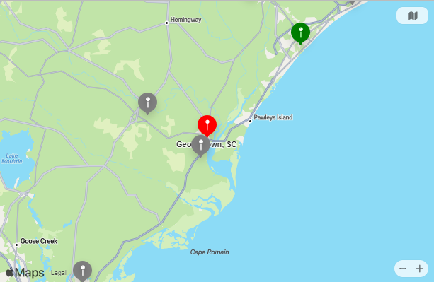 Map of Closest Airports Georgetown, South Carolina