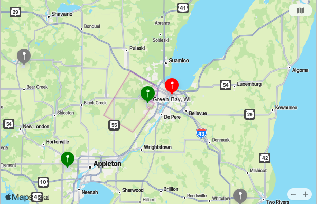 Map of Closest Airports Green Bay, Wisconsin