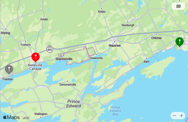Map of Closest Airports Belleville, Ontario