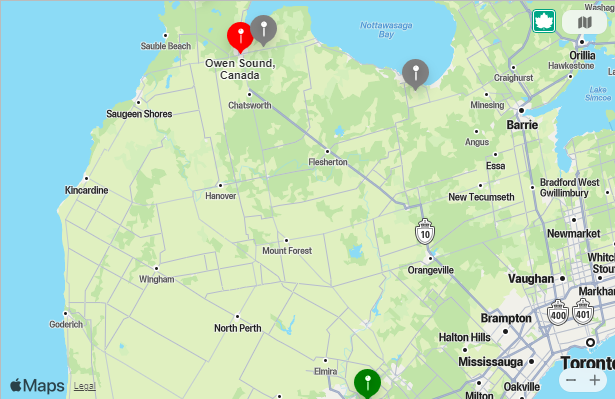 Map of Closest Airports Owen Sound, Ontario