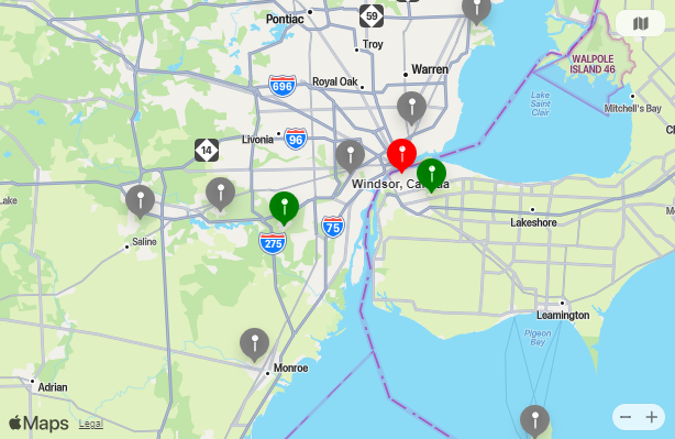 Map of Closest Airports Windsor, Ontario