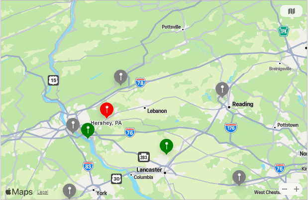 Map of Closest Airports Hershey, Pennsylvania