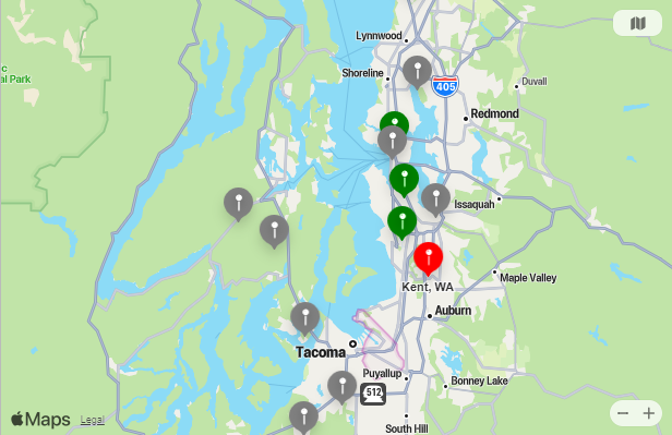 Map of Closest Airports Kent, Washington