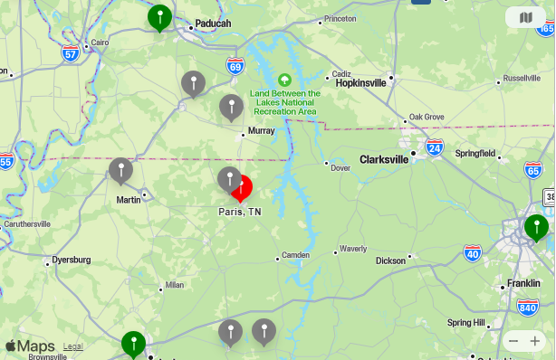 Map of Closest Airports Paris, Tennessee